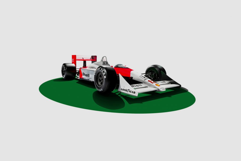 Carro de corrida inclinado com o motor do Ayrton Senna .